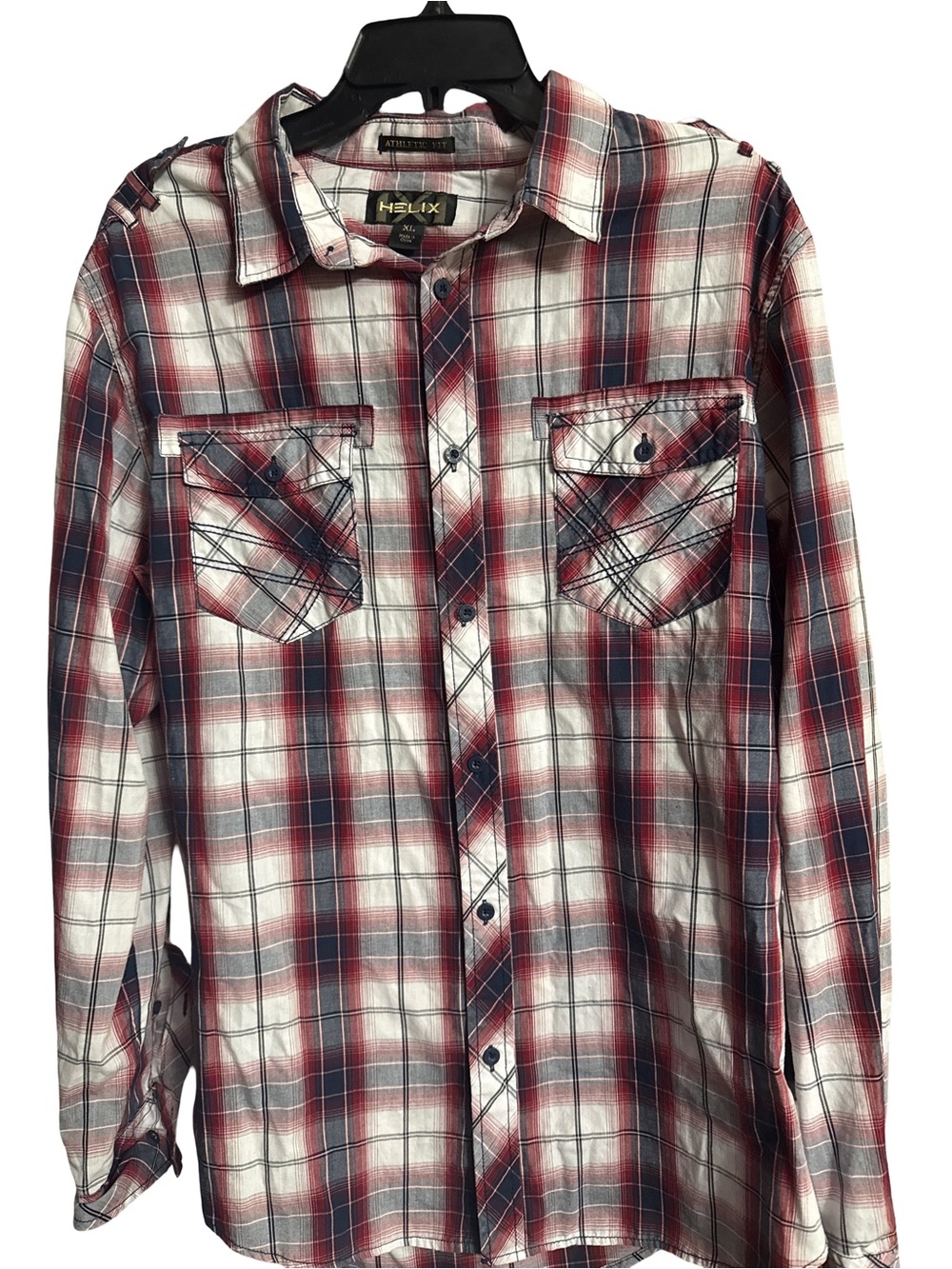 Helix Men’s Red, White and Gray Plaid Long-Sleeve Button-Up Shirt